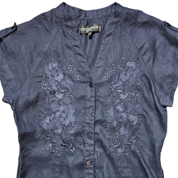 SIMONS - 100% Linen Navy Cap Sleeve Embroidered Button up Blouse, … - Picture 2 of 11